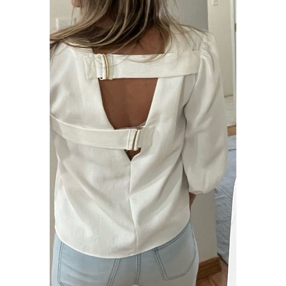 Tibi White Blouse Shirt 3/4 Puff Sleeve Partial Open Back Straps - Picture 10 of 11
